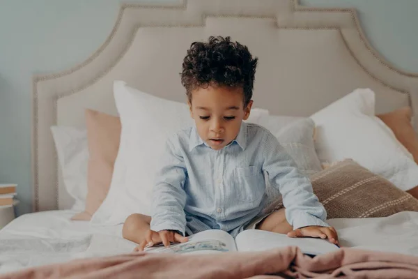 Niño preescolar afroamericano intrigado mirando imágenes coloridas dentro del libro mientras está sentado en la cama grande — Foto de Stock