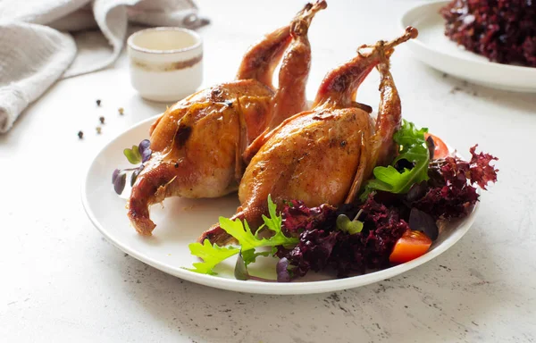 Ovengebakken Kwartels Met Groentesalade Geserveerd Witte Plaat Van Dichtbij Selectieve — Stockfoto