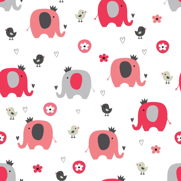 Cute Seamless Pattern Funny Elephants Birds — Stock Vector