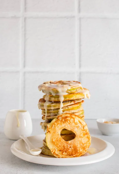 Apple Homemade Pancakes Poppy Seeds White Plate Close — Stock Photo, Image