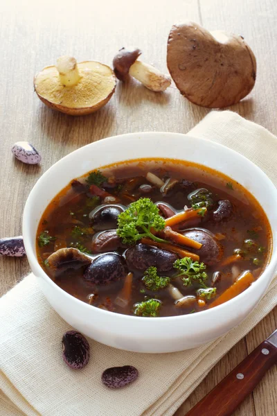 Bowl of soup with kidney beans and  mushrooms — Stock Photo, Image