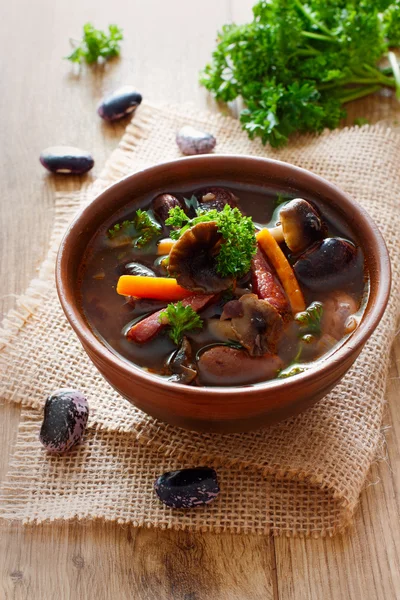 Ciotola di zuppa con fagioli e funghi — Foto Stock