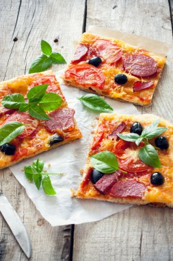 Pizza with tomatoes, cheese and salami