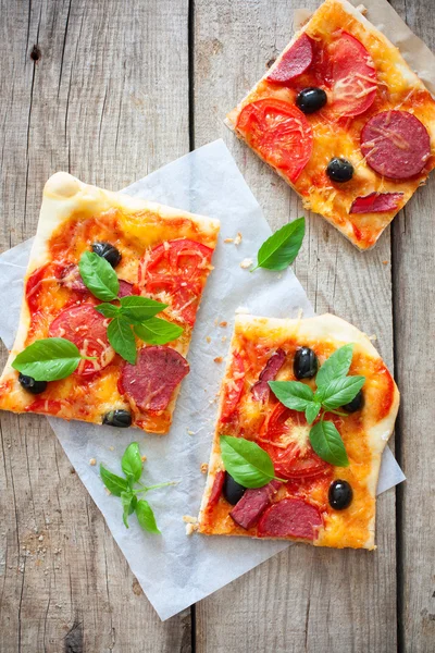 Pizza with tomatoes, cheese and salami — Stockfoto