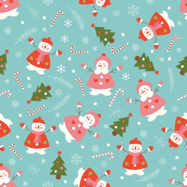 Kardan adam ve Noel ağaçları ile Noel seamless modeli