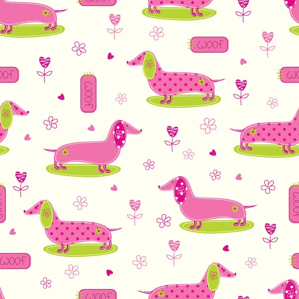 Seamless pattern with cute dog and abstract floral elements — Stock Vector