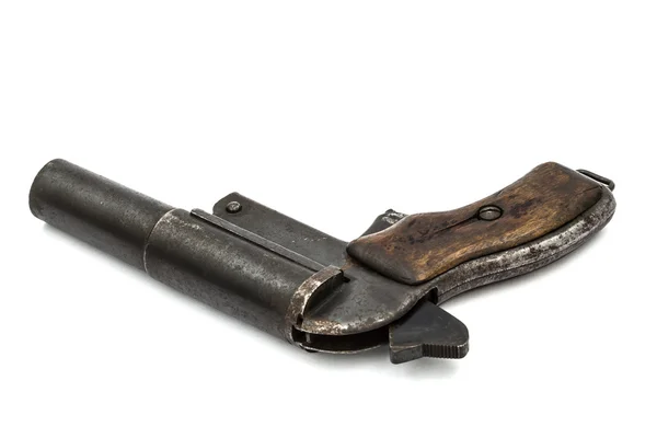 Stary pistolet sygnału, pistoletu odblasków z młotem kurek, na tle — Zdjęcie stockowe