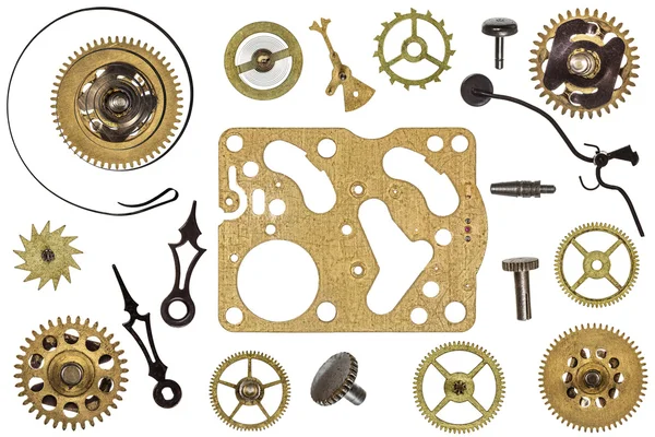 Spare parts for clock. Metal gears, cogwheels and other details — Stock Photo, Image