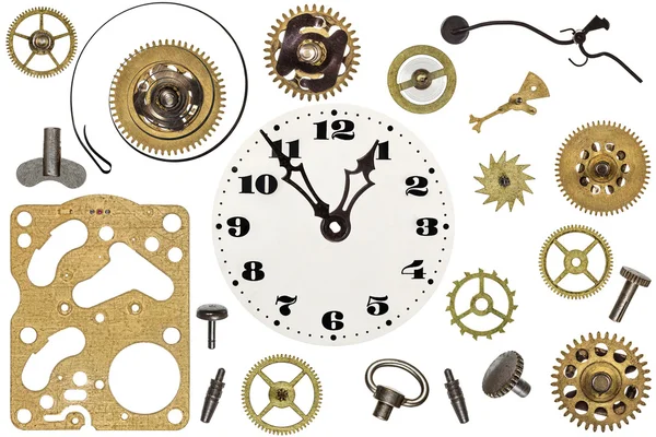 Spare parts for clock. Metal gears, cogwheels, clock face and ot — Stock Photo, Image