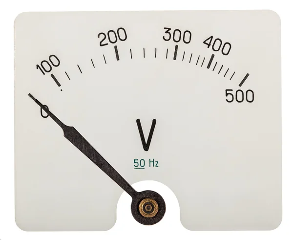 Voltmetre beyaz arkasında izole bir 0 volt gösteren oku — Stok fotoğraf