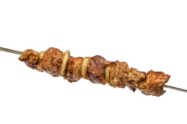 Roasted meat with onion of skewer, close-up, isolated on white b