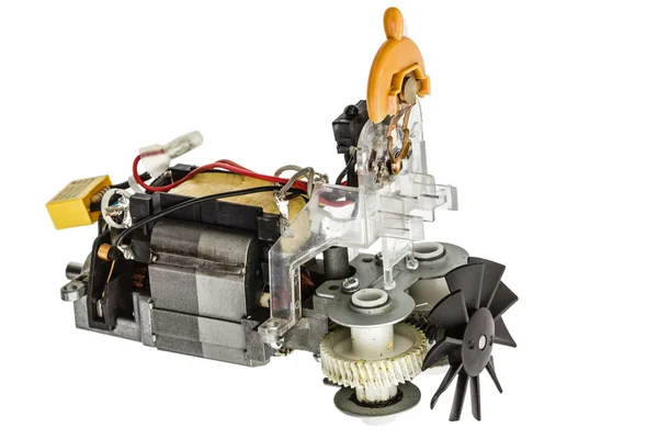 Motor elétrico pequeno com ventilador, isolado no fundo branco — Fotografia de Stock