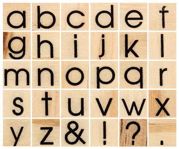 Alfabet angielski małe litery, kolaż na białym tle druki drewna — Zdjęcie stockowe