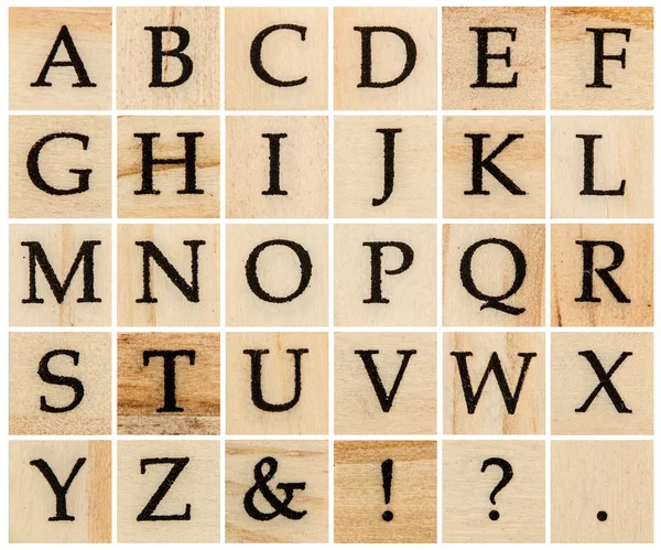 English alphabet uppercase, collage of isolated wood letterpress — Stock Photo, Image