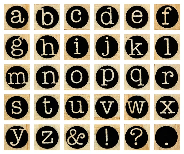 English alphabet lowercase, collage of isolated wood letterpress — Stock Photo, Image