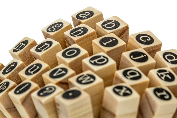 English alphabet lowercase, collage of isolated wood letterpress — Stock Photo, Image