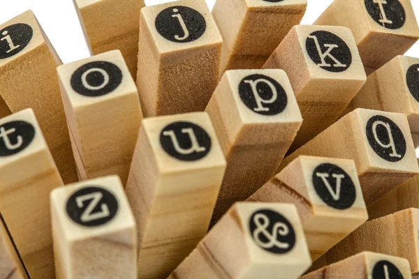 English alphabet lowercase, collage of isolated wood letterpress — Stock Photo, Image