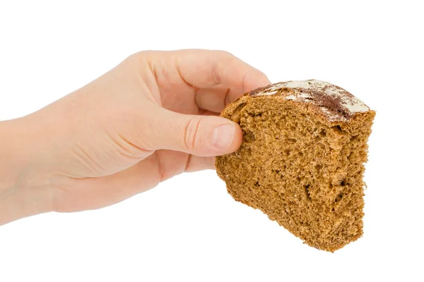 Female hand holds a slice of bread, isolated on white background — Stock Photo, Image