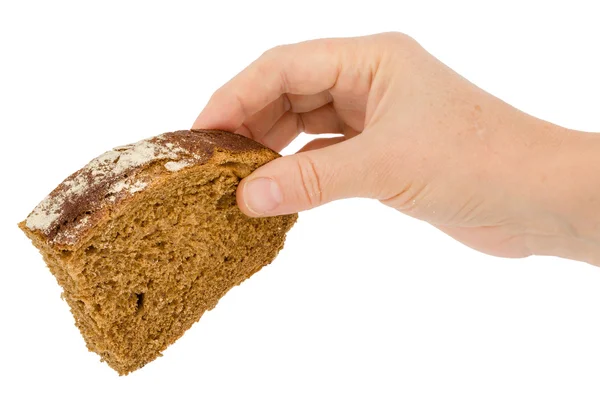 Female hand holds a slice of bread, isolated on white background — Stock Photo, Image