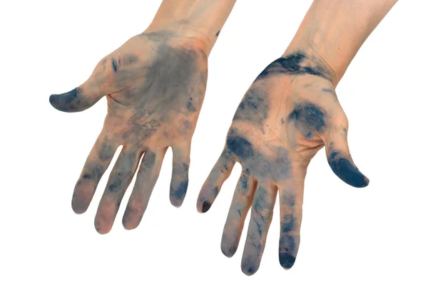 Женские руки испачканы чернилами, изолированы на белом фоне — стоковое фото
