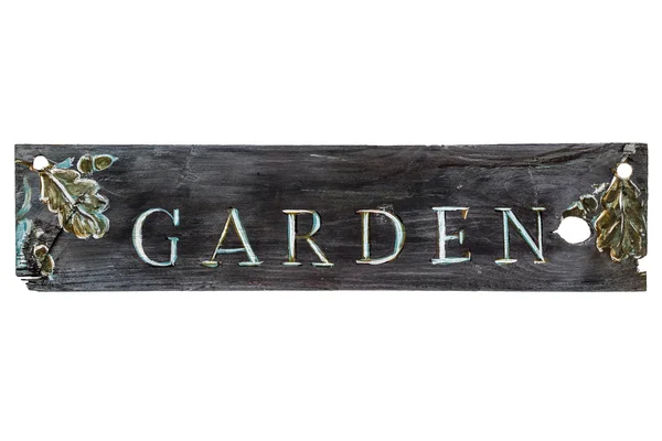 Antika ahşap işaret üstünde beyaz bir arka plan - Bahçe — Stok fotoğraf