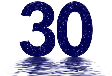 30, 30 numara, yıldız gökyüzü taklidi, su yüzeyine yansıtılıyor, beyaz üzerine izole edilmiş, 3 boyutlu.