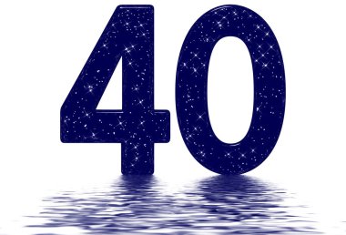40 numara, 40 numara, yıldız gökyüzü dokusu taklidi, su yüzeyine yansıtılmış, beyaz üzerine izole edilmiş, 3 boyutlu.