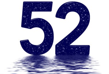 52 numara, 52 numara, yıldız gökyüzü taklidi, su yüzeyine yansıtılıyor, beyaz renkte izole edilmiş, 3 boyutlu.