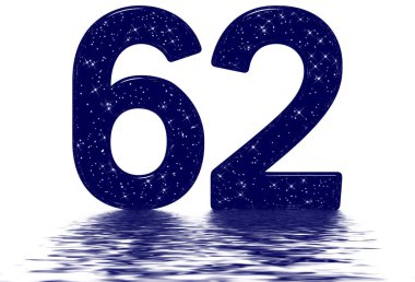 62 numara, 62 numara, yıldız gökyüzü taklidi, su yüzeyine yansıtılıyor, beyaz renkte izole edilmiş, 3 boyutlu.
