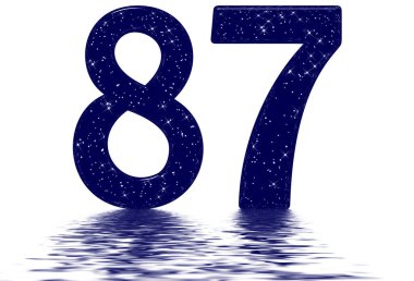 87 numara, 87 numara, yıldız gökyüzü taklidi, su yüzeyine yansıtılıyor, beyaz renkte izole edilmiş, 3 boyutlu.