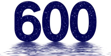 600, 600 numara, yıldız gökyüzü taklidi, su yüzeyine yansıtılıyor, beyaz üzerine izole edilmiş, 3 boyutlu.