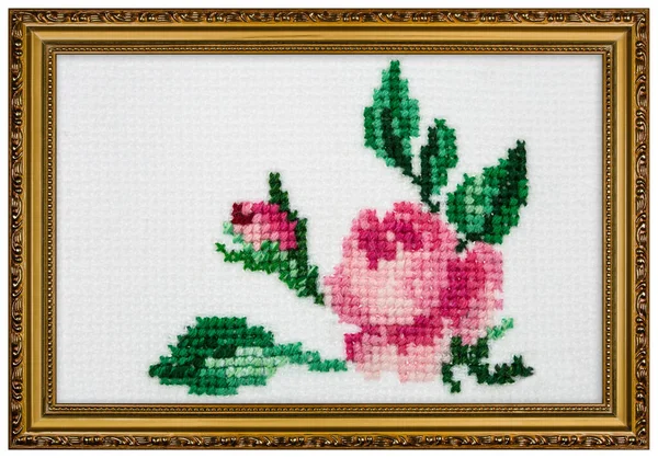 Flor Rosa Bordada Com Uma Cruz Sobre Tela Têxtil Uma — Fotografia de Stock