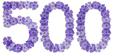 Numeral 500, five hundred, from natural blue flowers of periwinkle, isolated on white background clipart