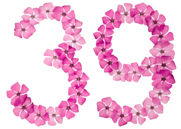 Číslo Třicet Devět Přírodních Růžových Květů Okvětního Plátku Izolované Bílém — Stock fotografie
