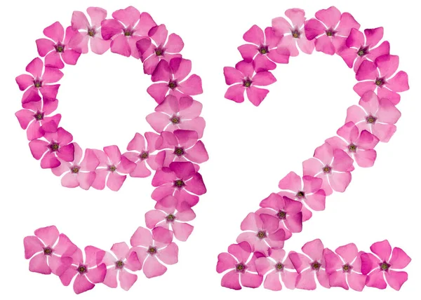 Numeral Ninety Two Natural Pink Flowers Periwinkle Isolated White Background — Stock Photo, Image