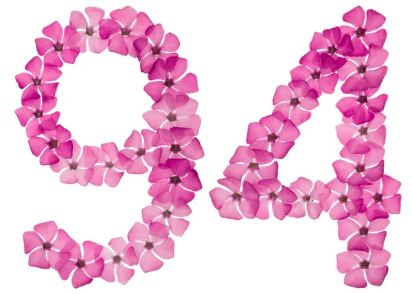 Numeral Ninety Four Natural Pink Flowers Periwinkle Isolated White Background — Stock Photo, Image