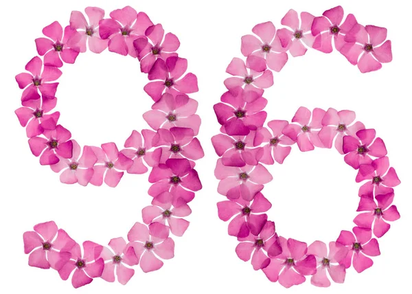 Numeral Ninety Six Natural Pink Flowers Periwinkle Isolated White Background — Stock Photo, Image