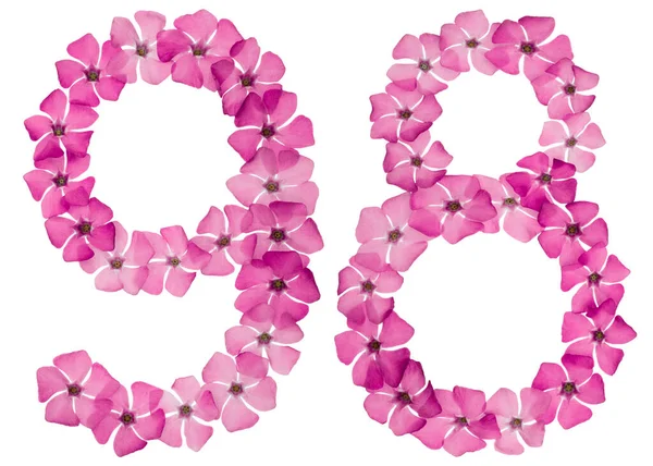 Numeral Noventa Oito Flores Rosa Naturais Periwinkle Isolado Sobre Fundo — Fotografia de Stock