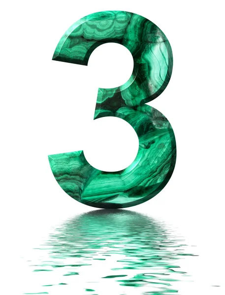 Numeral Arábico Três Malaquita Verde Natural Refletida Superfície Água Isolado — Fotografia de Stock