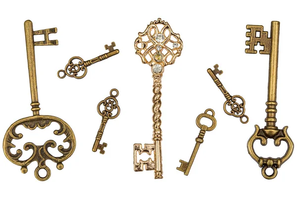 Sada Bronzových Klíčů Dekorativní Prvek Pro Design Izolované Bílém Pozadí — Stock fotografie