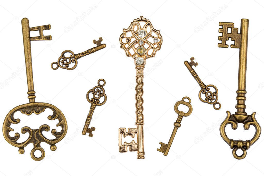 Set of bronze keys, decorative element for design, isolated on white background