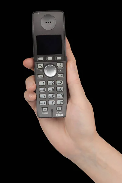Kvinna Hand Håller Telefon Isolerad Svart Bakgrund — Stockfoto