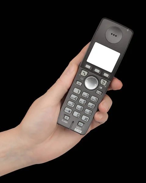 女用手拿着一个白色空白屏幕的手机 隔离在黑色背景下 — 图库照片