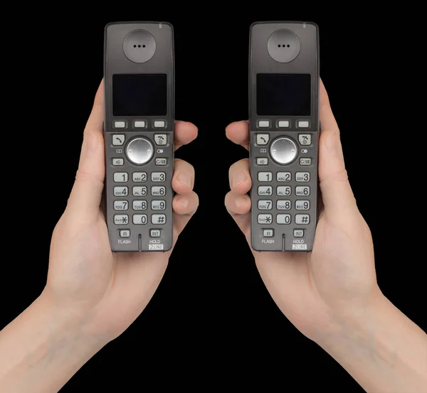 Female Hands Holds Phones Isolated Black Background — Stock Photo, Image