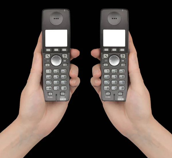 Female Hands Holds Phones White Blank Screen Isolated Black Background — Stock Photo, Image