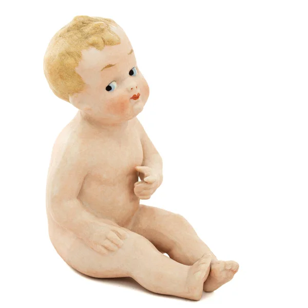 Boneca Bebê Vintage Cerâmica Isolado Fundo Branco — Fotografia de Stock