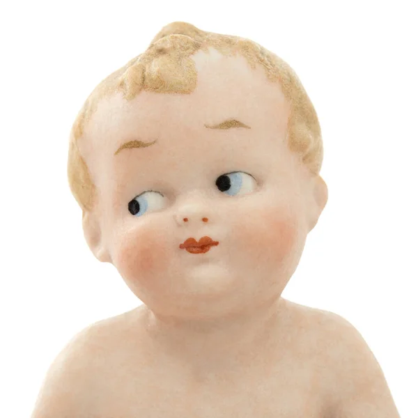 Обличчя Старовинної Дитячої Ляльки Кераміки Крупним Планом Ізольовано Білому Тлі — стокове фото