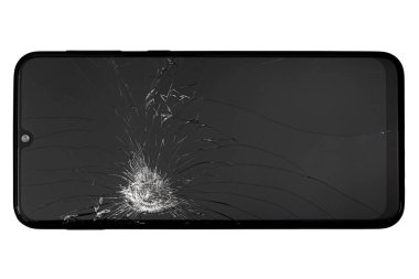 Kırık ekranlı akıllı telefon, beyaz arkaplanda izole