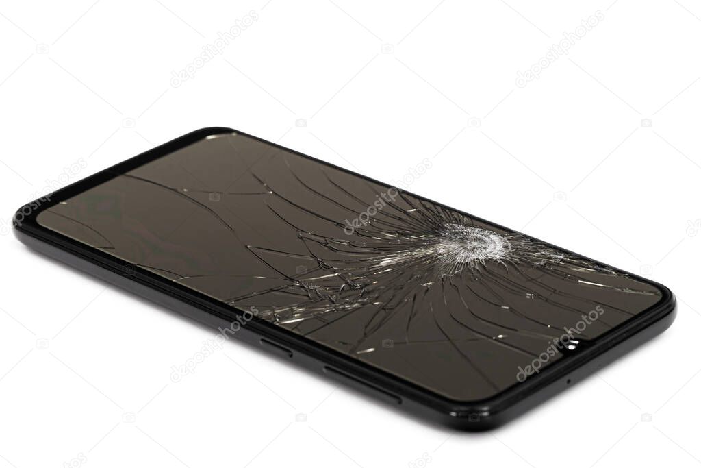 Smartphone with broken display screen, isolated on white background