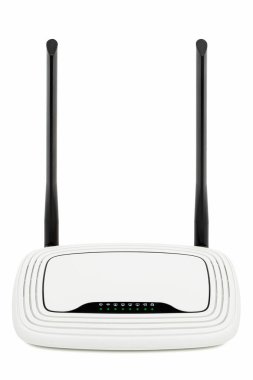 Kablosuz kablosuz kablosuz yönlendirici, ışıltılı göstergeler, kablosuz veri teknolojisi, beyaz arka planda izole edilmiş.